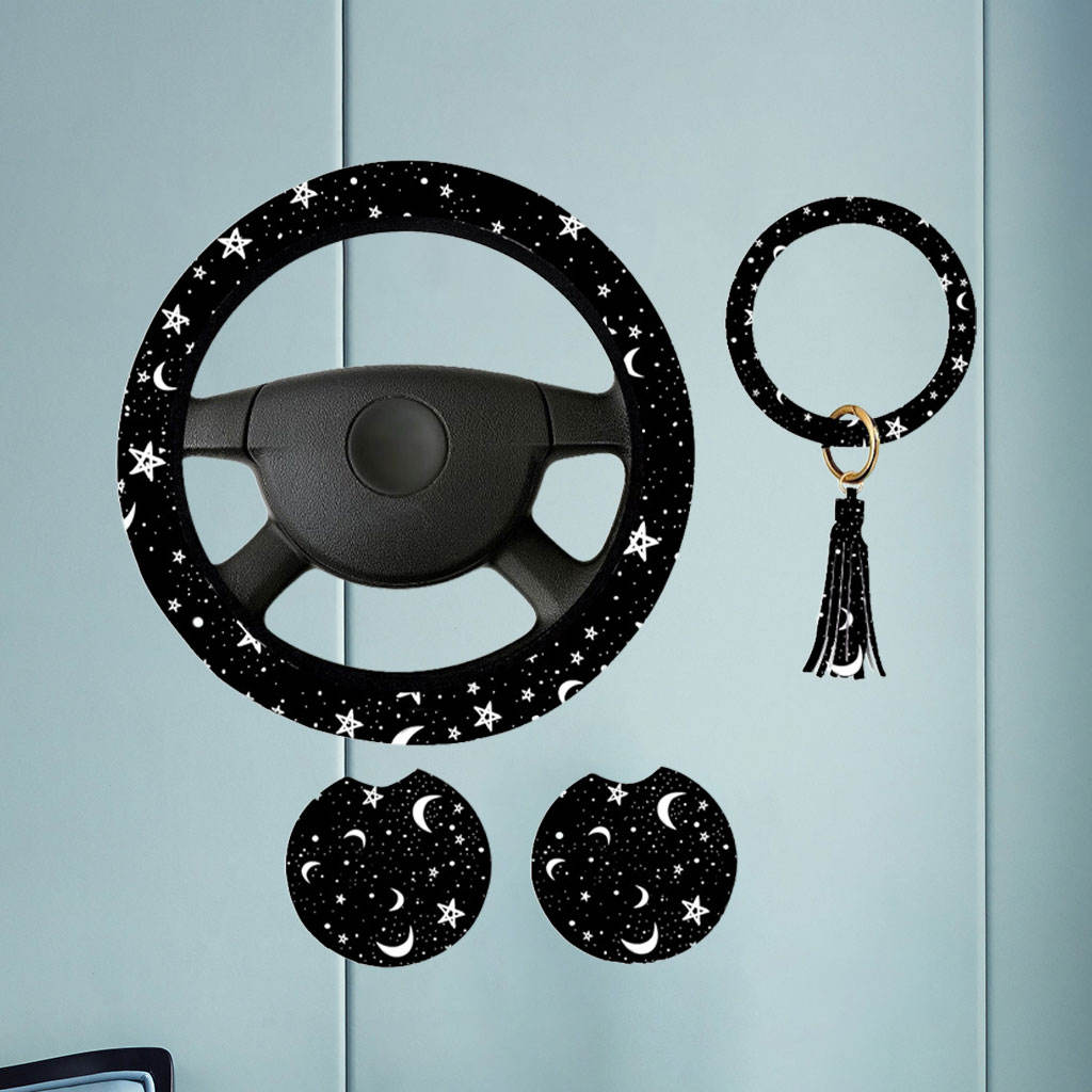 Steering Wheel Cover with 2 Coasters and Keyring Black Moons White Stars Print Anti-Slip Car Accessories Set for Truck