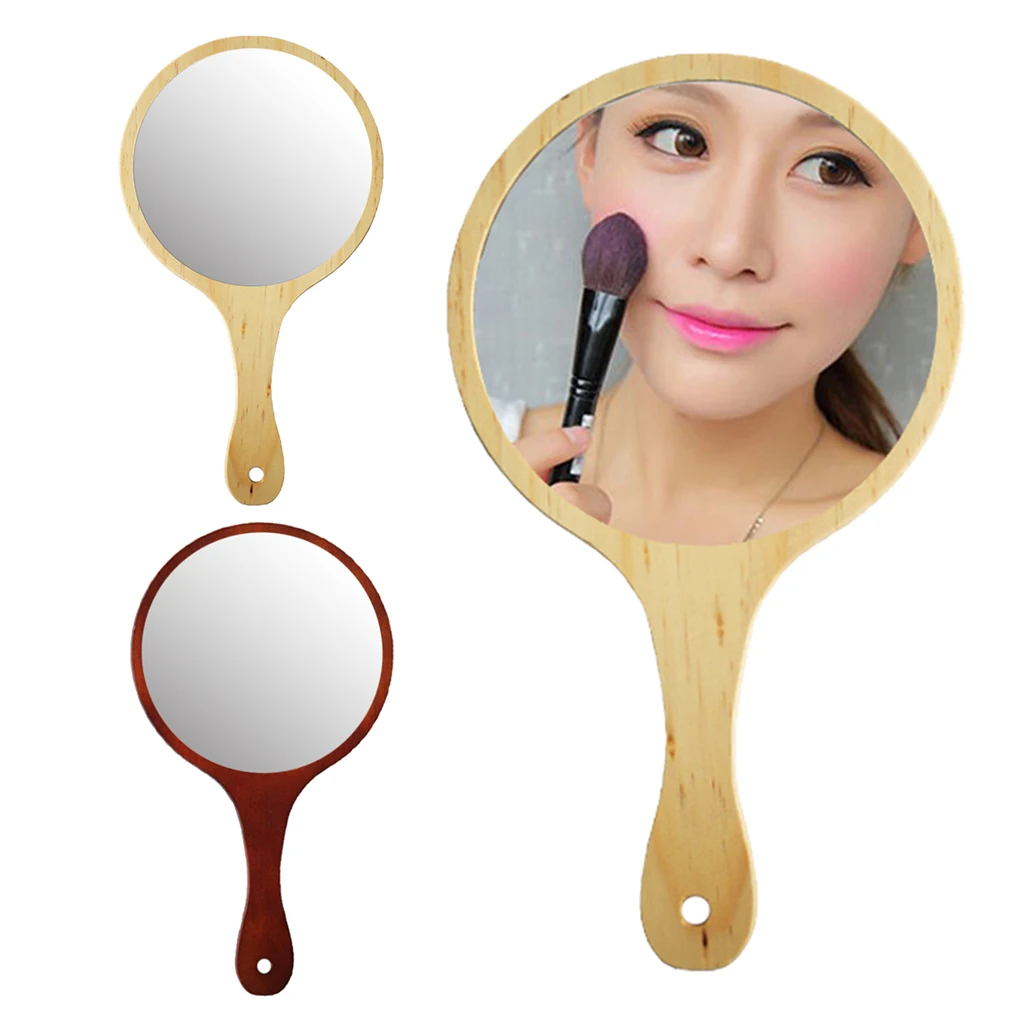 Large Wood Mirror Wooden Hand Held Mirror W/Handle for Makeup Shaving 