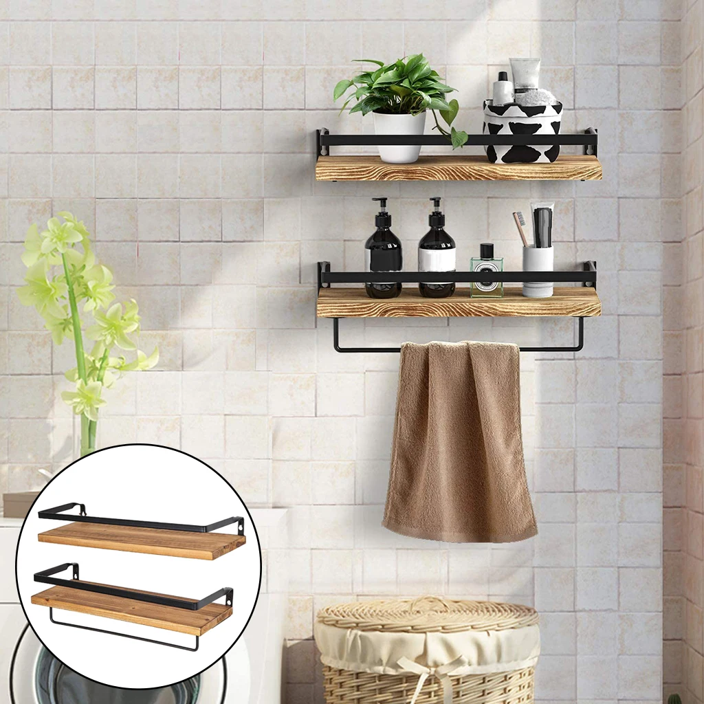 Rustic Floating Shelves for Wall Set of 2pcs Wall Mounted Storage Shelf, Metal Frame Wooden Rack, Towel Holder Hanger