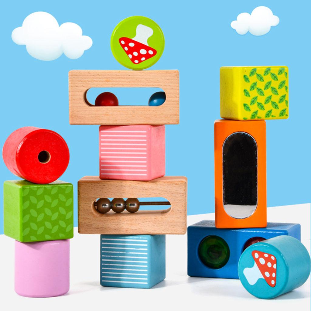 12 Pieces Wooden Stacking Blocks Sound Toys Color Cognition Brain Teasers Hand-Eye Coordination Building Blocks for Children