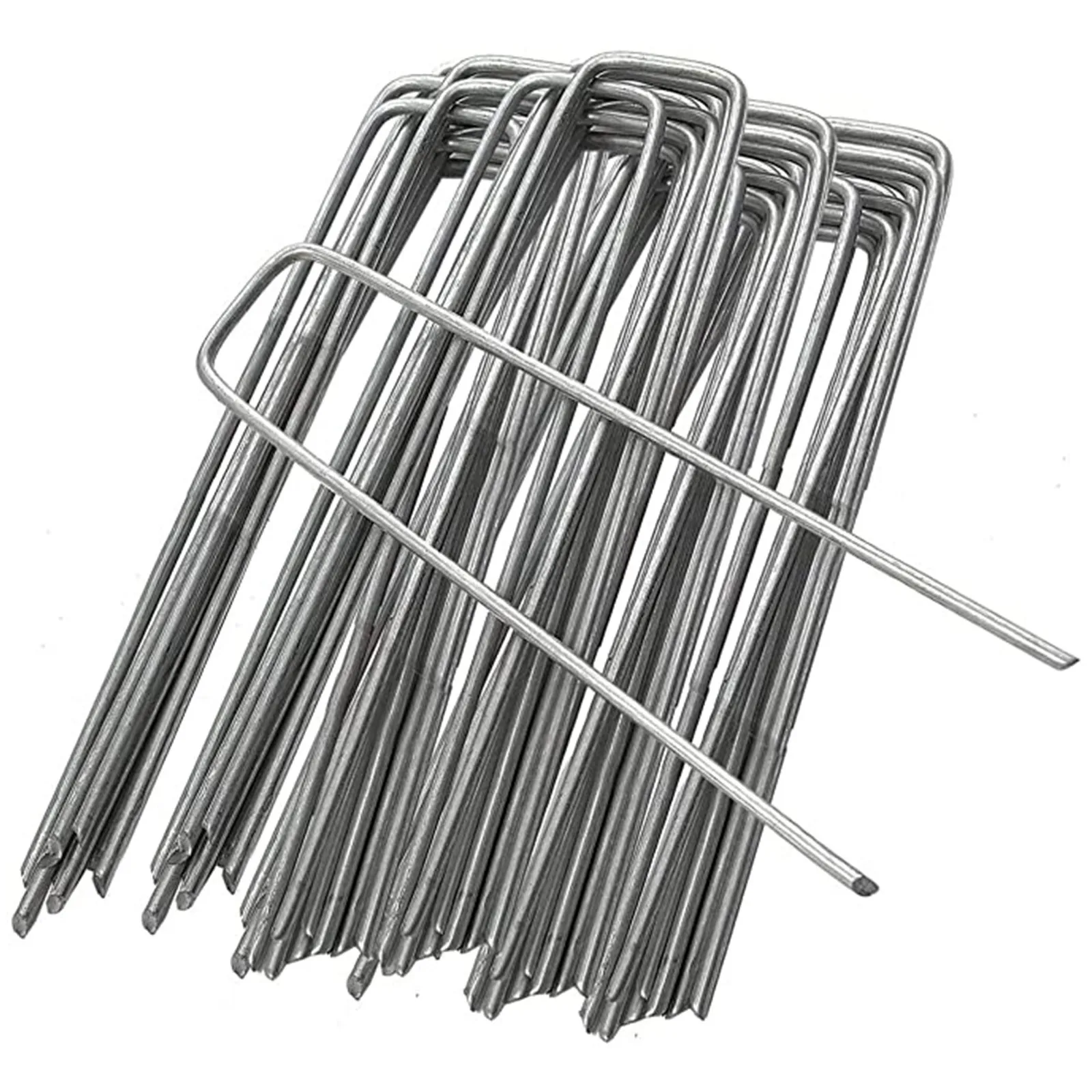 AAGUT OuYi Garden Staples Galvanized Landscape Sod Stakes Silver 50 Pack 6 Inch 11 Gauge Rust Resistant Steel Lawn U Pins Pegs-Weed Barrier Fabric GardenStaple 