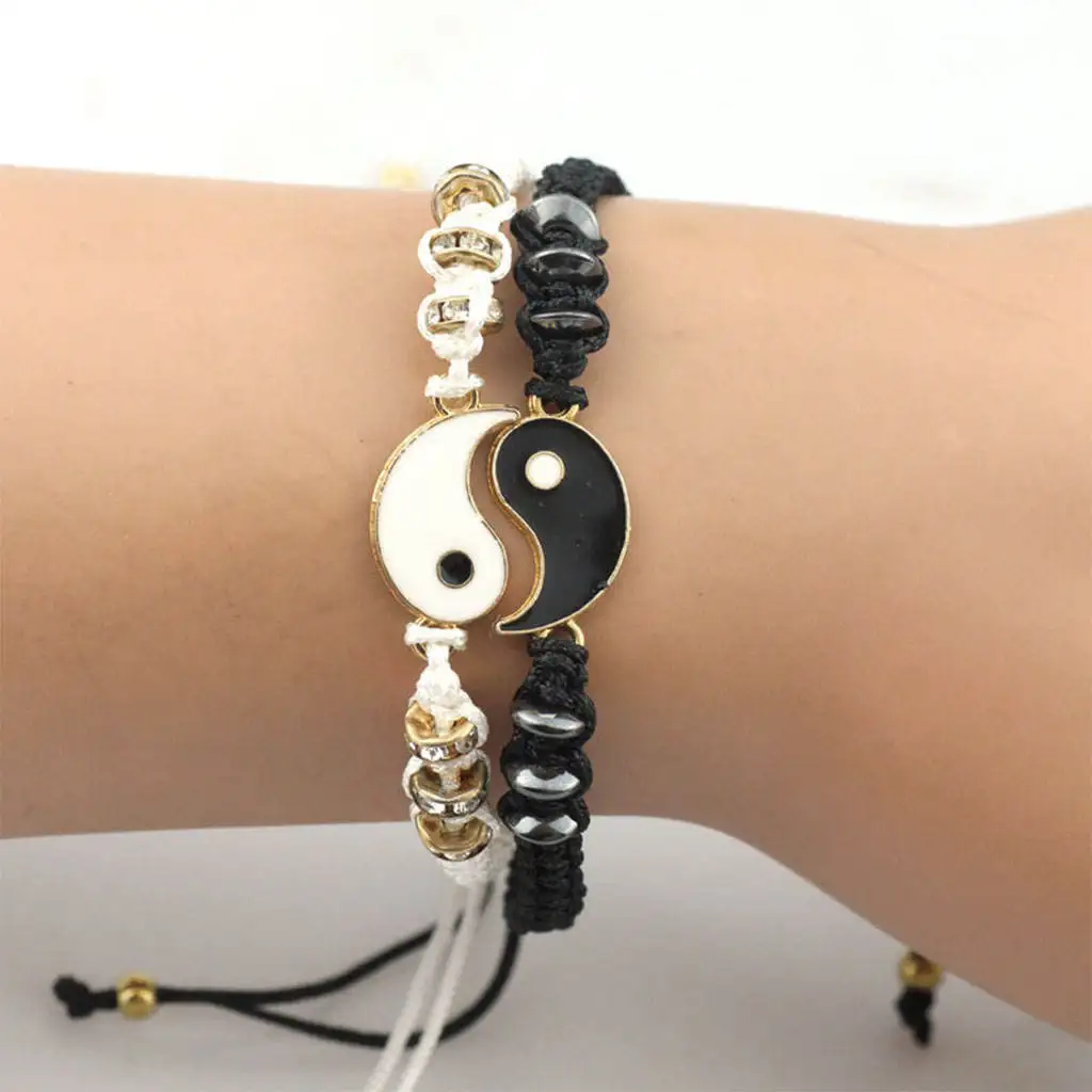 2x Braided Bracelet Hand Woven Charm Dainty Matching Creative Adjustable Yin-Yang Simple Delicate Set for Christmas Day Women