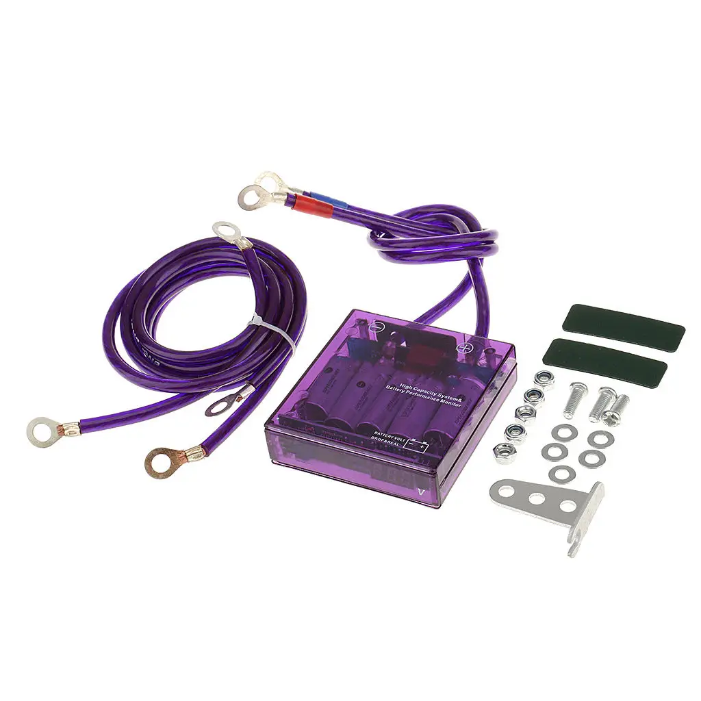 Universal Car Fuel Saver Voltage Stabilizer Regulator with Grounding Earth Cables Kit Purple