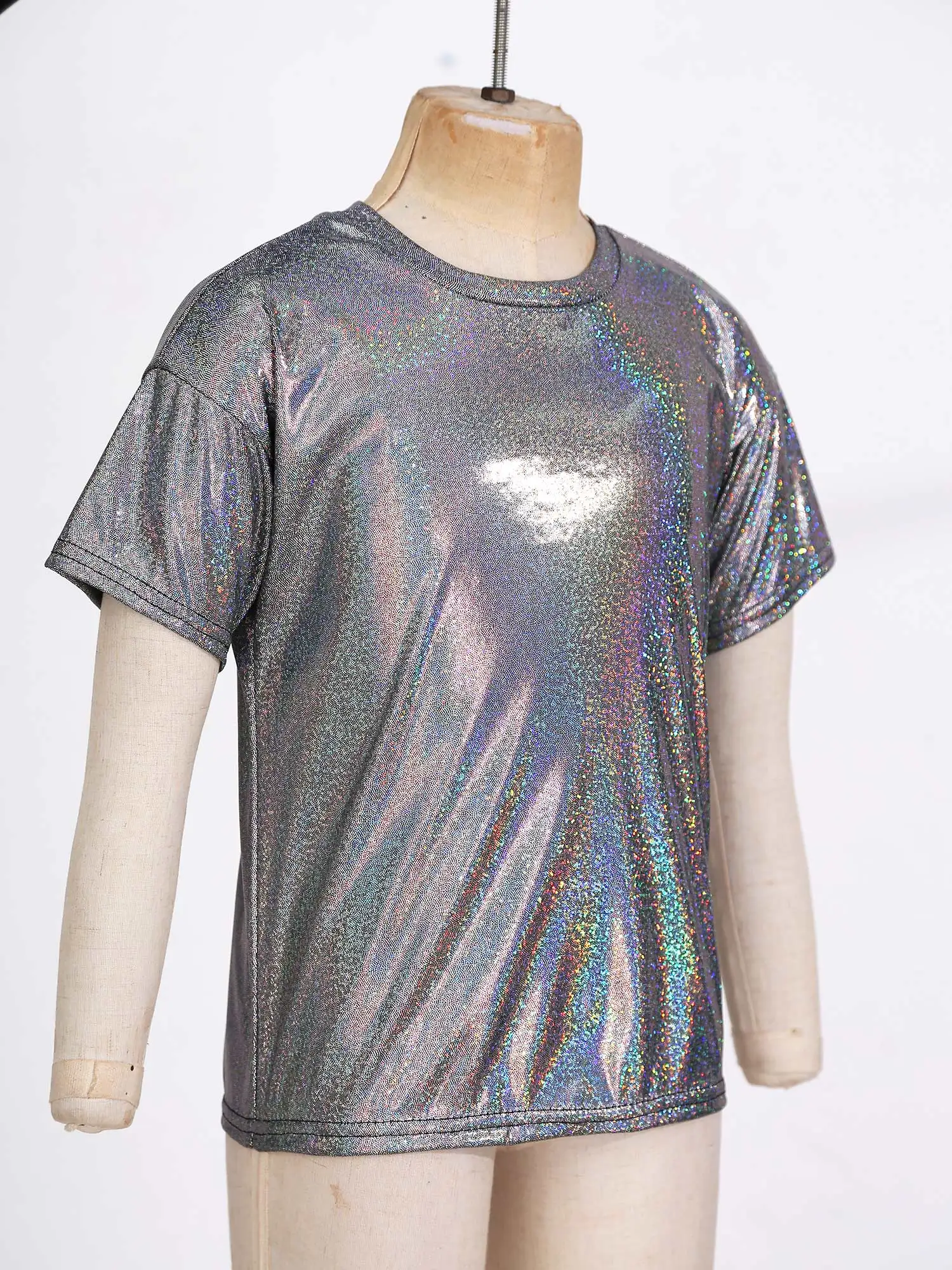 easyforever Girls Boys Shiny Metallic Short Sleeve Shirt T-Shirt Kids Sparkly Jazz Hip Hop Dance Top Performance Blouse 