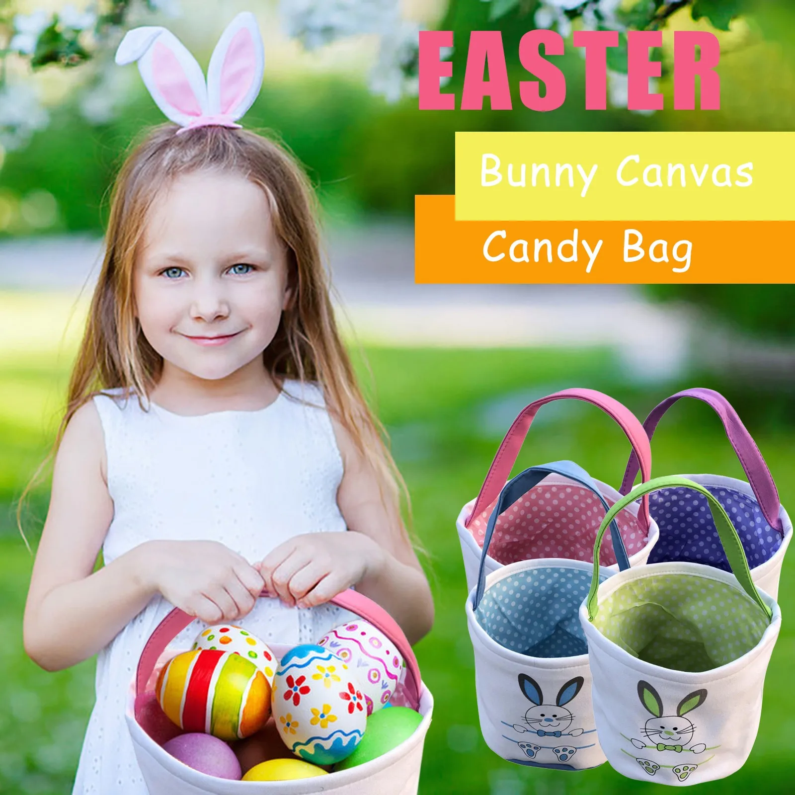 Easter  Basket Holiday Rabbit Bunny Printed Canvas Gift Carry Candy Bag 