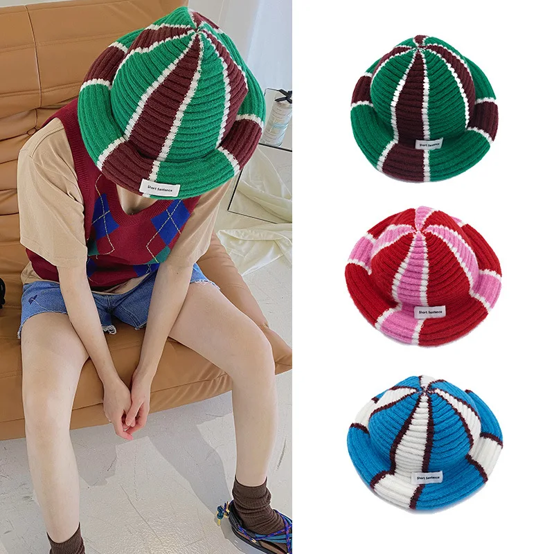 blue bucket hat 2021 autumn and winter new three-color striped round knit hat South Korean fashion brand men and women's watermelon hat bucket sun hat womens