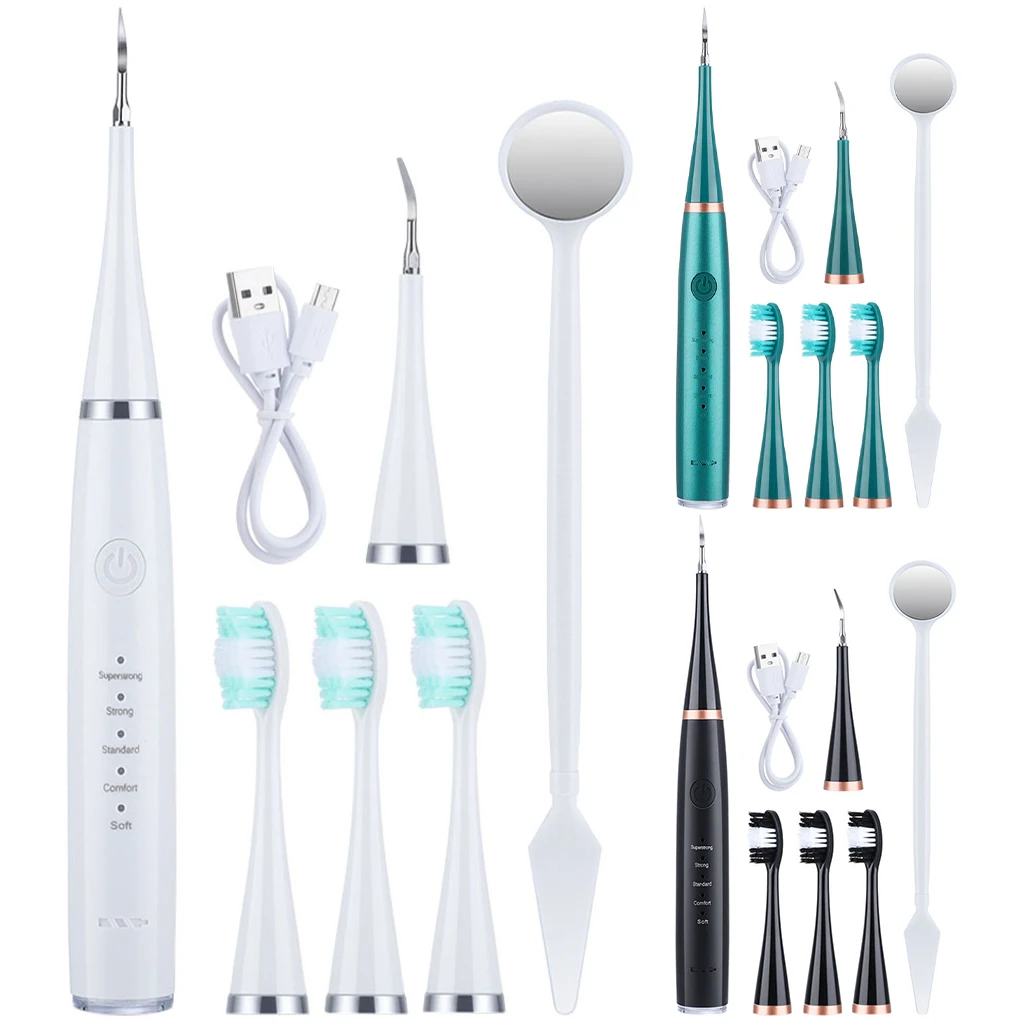 Electric Toothbrush with 3 Replaceable Clean Heads Tartar Tooth Cleaner Tool Multifunction for Household Teeth Whitening