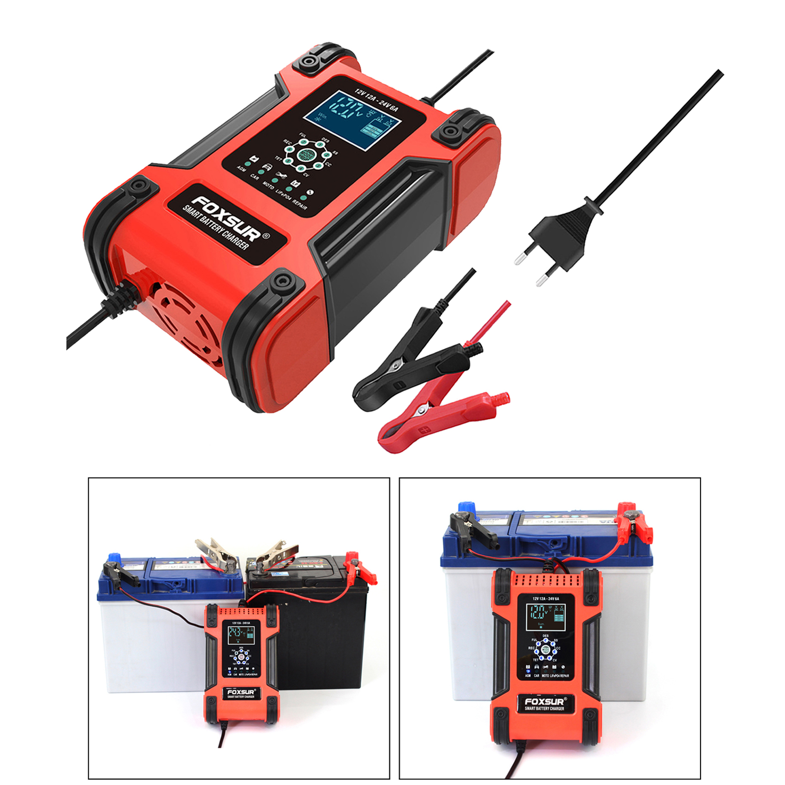 Car Battery Charger 12V 12A 24V 6A Power Automatic Charge Charging EU Plug