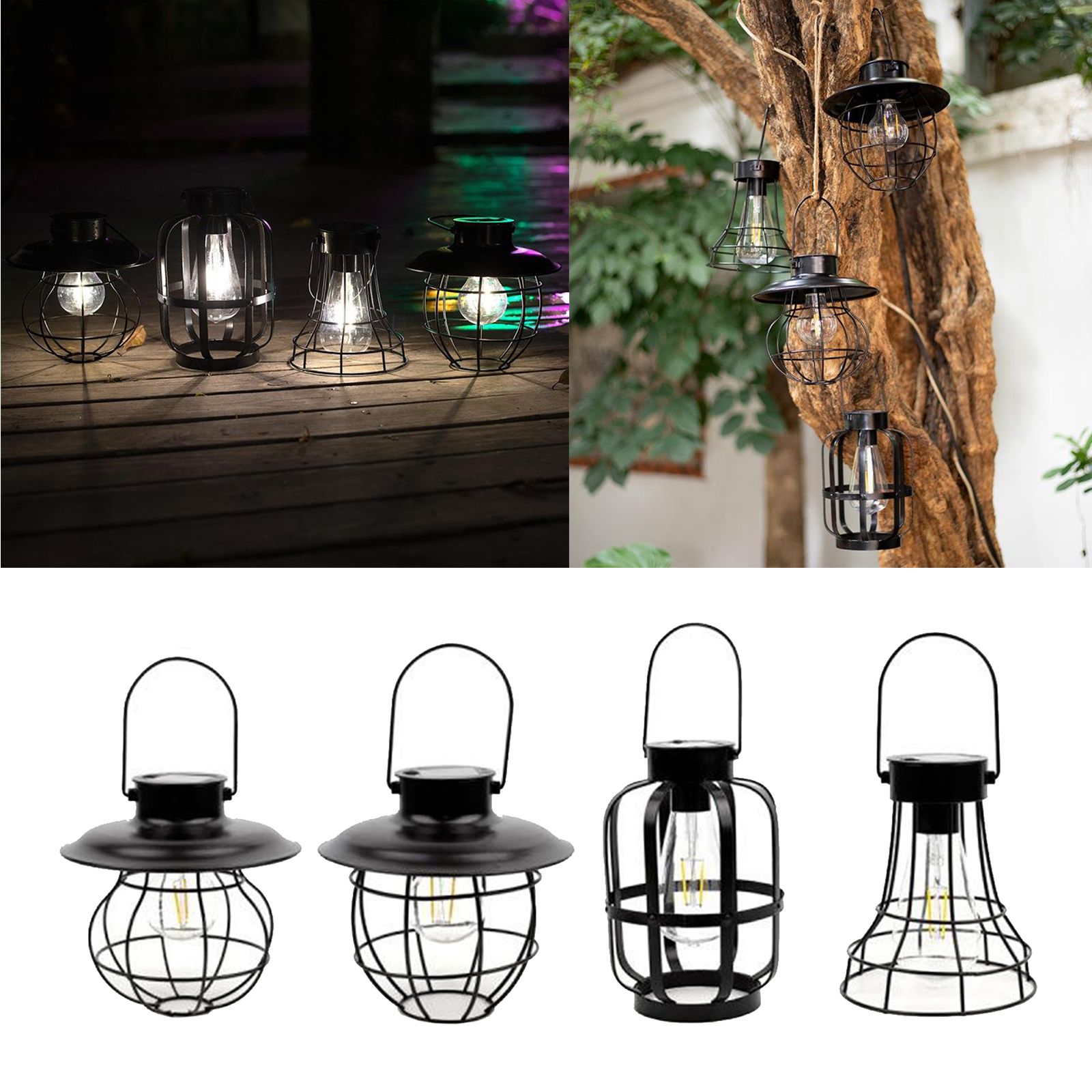 Solar Lantern Lamp Hanging Metal Outdoor Lights with Bulb for Yard Backyard