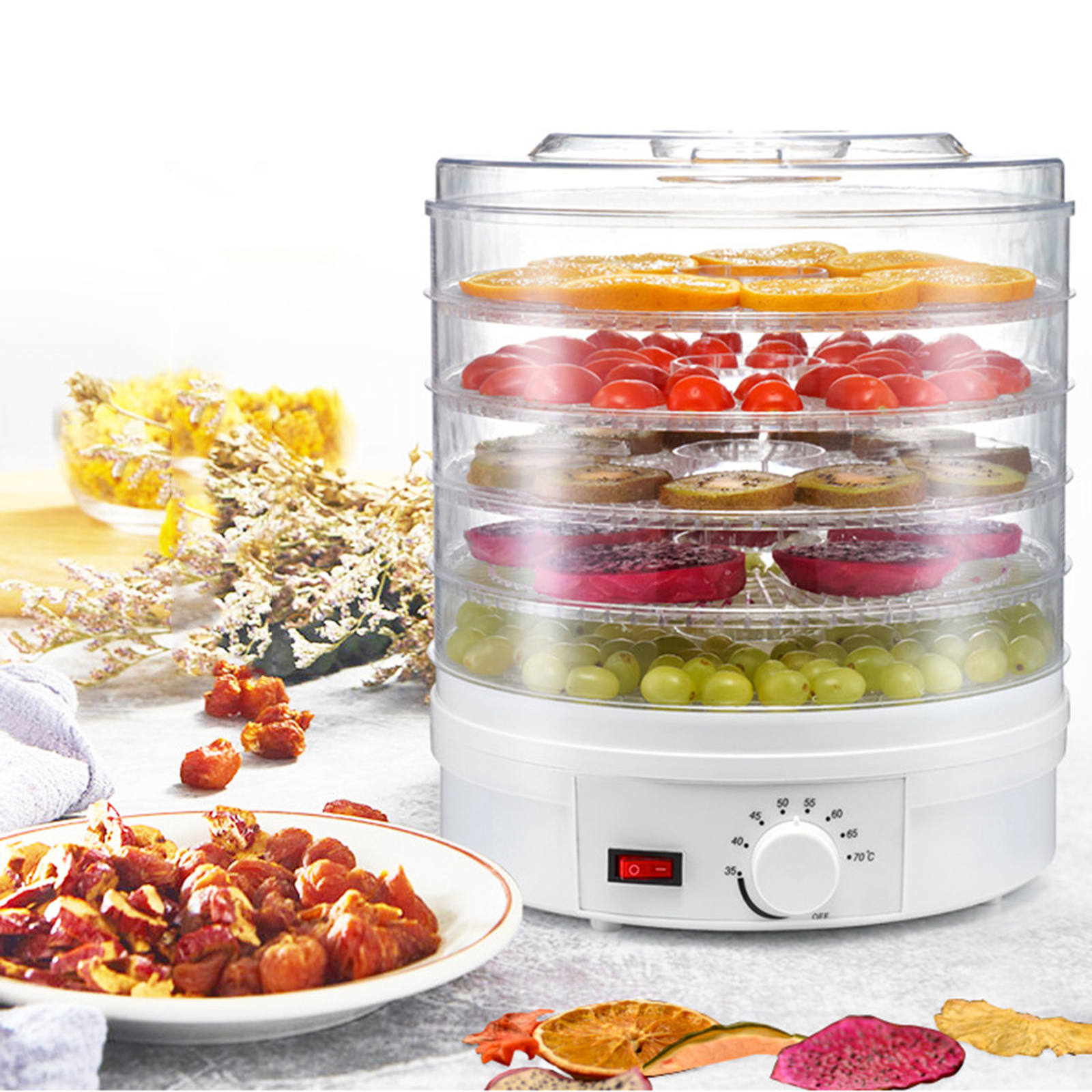 Food Dehydrator 5 Trays Dried Fruit Vegetable Herb Meat Drying Machine Electric Yogurt Maker Pet Snacks Air Dryer Oven UK Plug