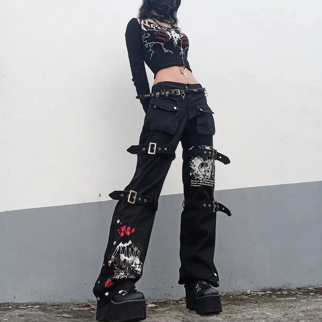 Weekeep Low Rise Leather Pants Women Baggy Straight PU Cargo Pants Punk  Style Fashion Streetwear Trousers y2k Vintage Goth Girls