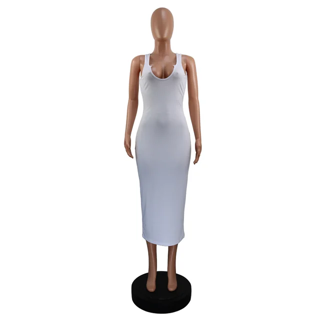Womens Casual Sleeveless Bodycon Slim Sundress Solid Color U-neck  High-waist Tight Long Dress For Summer Black/khaki/white - Dresses -  AliExpress