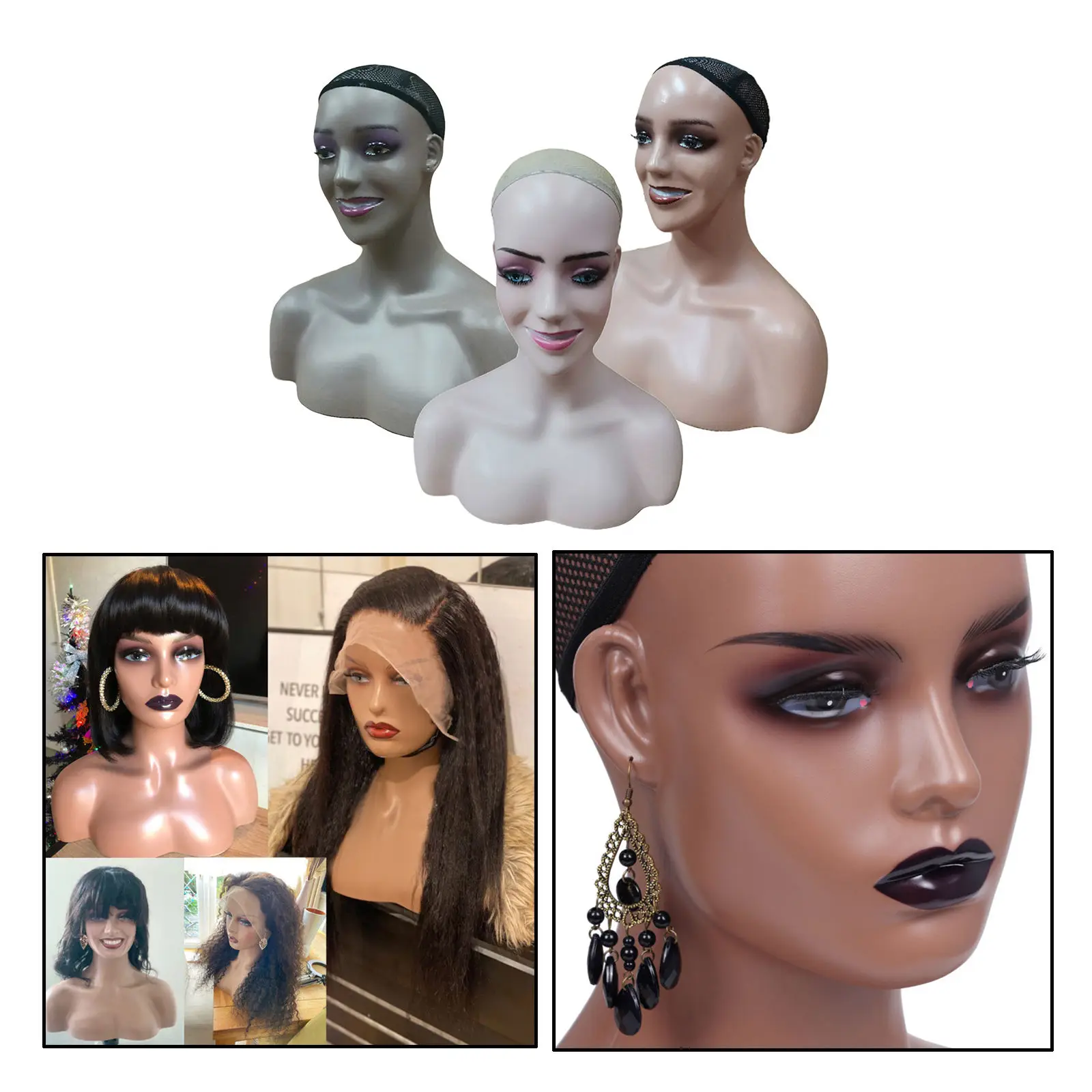 Manikin Head Realistic Female PP Professional Head Bust Model Wig Head Stand for Sunglasses Hats Earrings Scarves Wigs Display