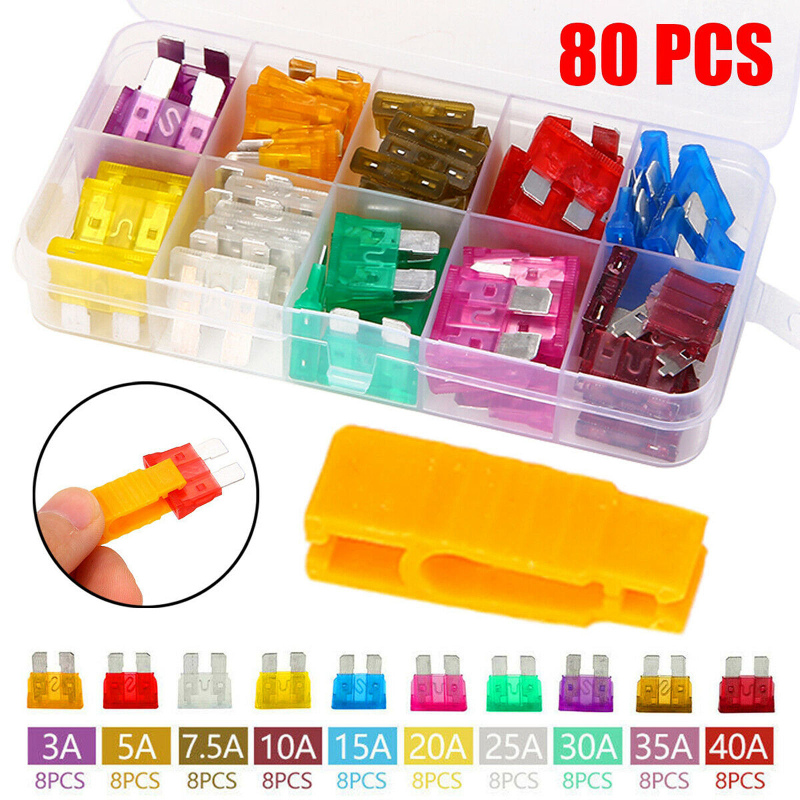 80pcs 12V Standard Blade Car Fuses Auto Medium Blade Fuses Kit 3A~40A Assorted Set with A Puller Set