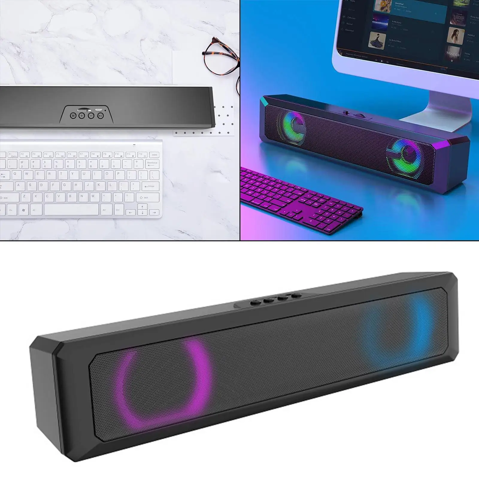 A4 Computer Soundbar Colorful RGB Light Built in Battery Stereo Surround Music Player Sound Bar for Desktop Laptop TV PC Gaming