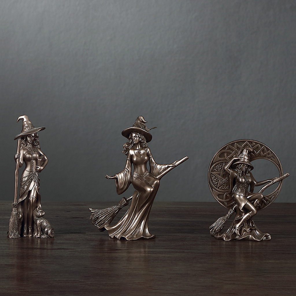 3Pcs Resin Cast Bronze Western Art Nordic Witch Figurines Novelty Characters Wizard Sculpture Home Office Statue Housewarming