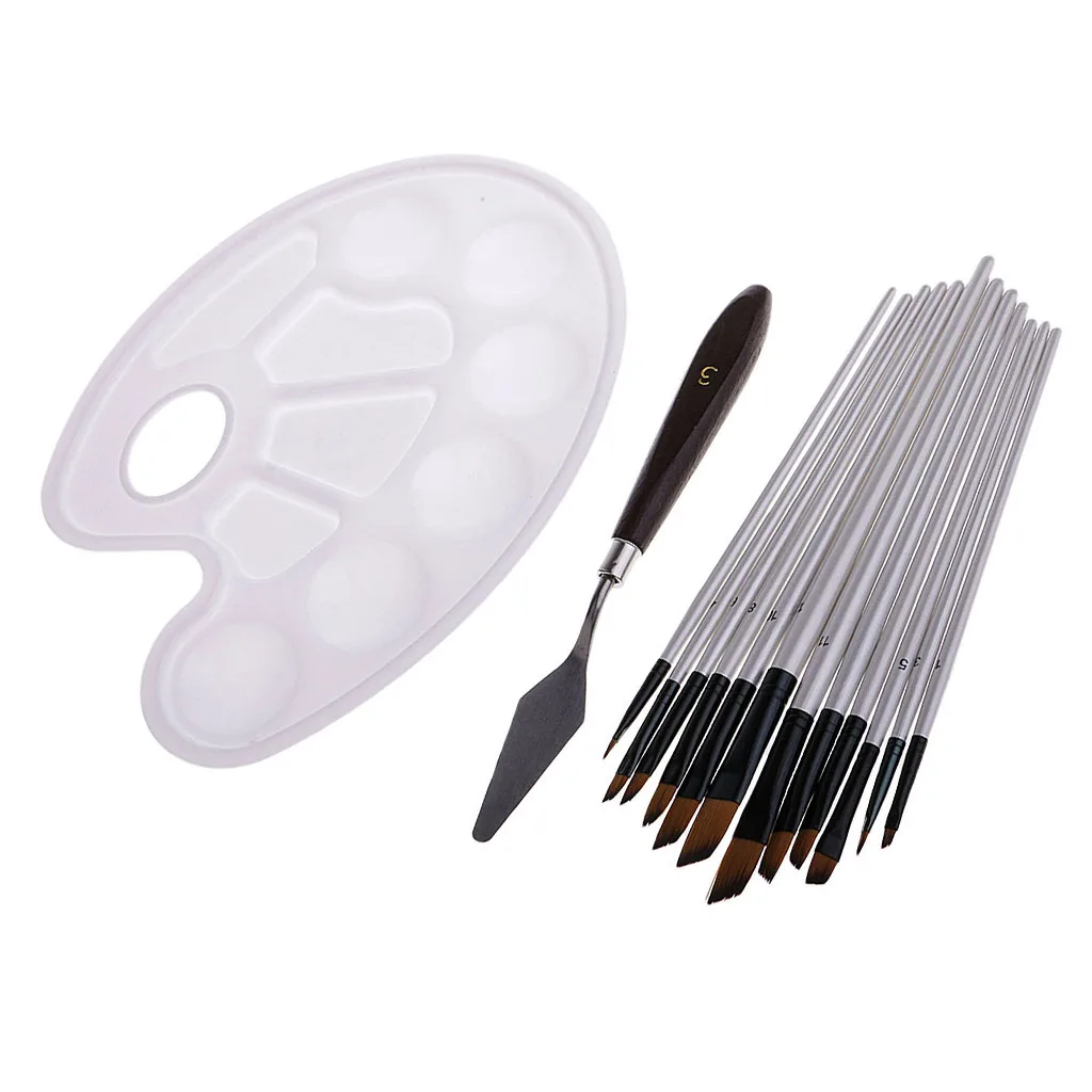 12 Pieces Art Acrylic Oil Watercolor Artist Paint Brushes With Palette and Color Mixing Cutter