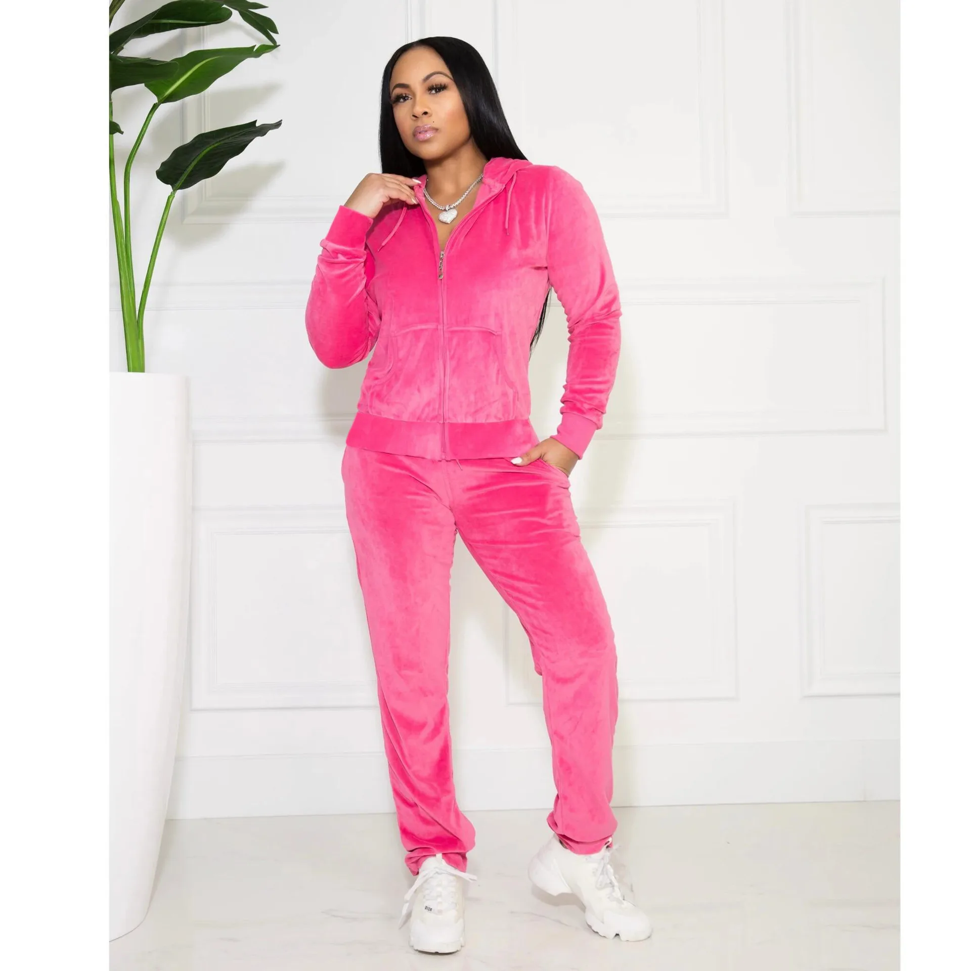 Winter/Fall 2021 Women's Brand Velvet Fabric Tracksuits Velour Suit Women Track Suit Hoodies And Pants Sportswear Outfits yellow pant suit