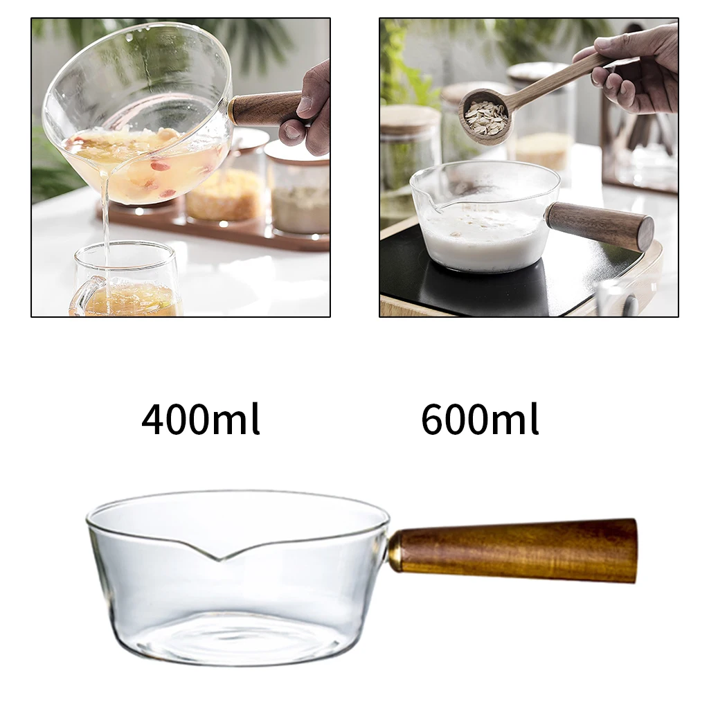 Multi-functional Glass Sauce Pan Non-stick Milk Pan Butter Warmer Pot Wood Handle Stovetop Pot for Soup Milk Baby Food Make Tea