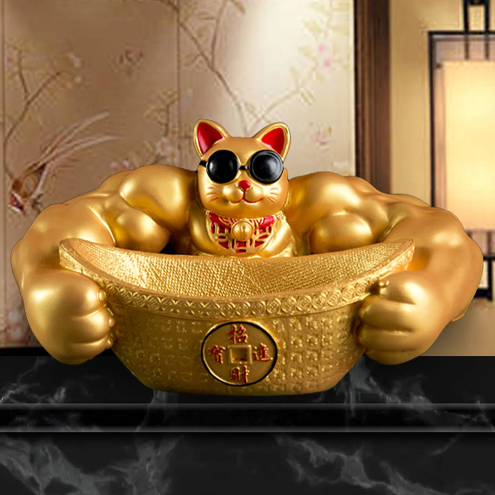 Lucky Cat Storage Tray Creative Living Room Decoration Animal Feng Shui Statue Muscle Arm Lucky Cat Storage Box Ornament