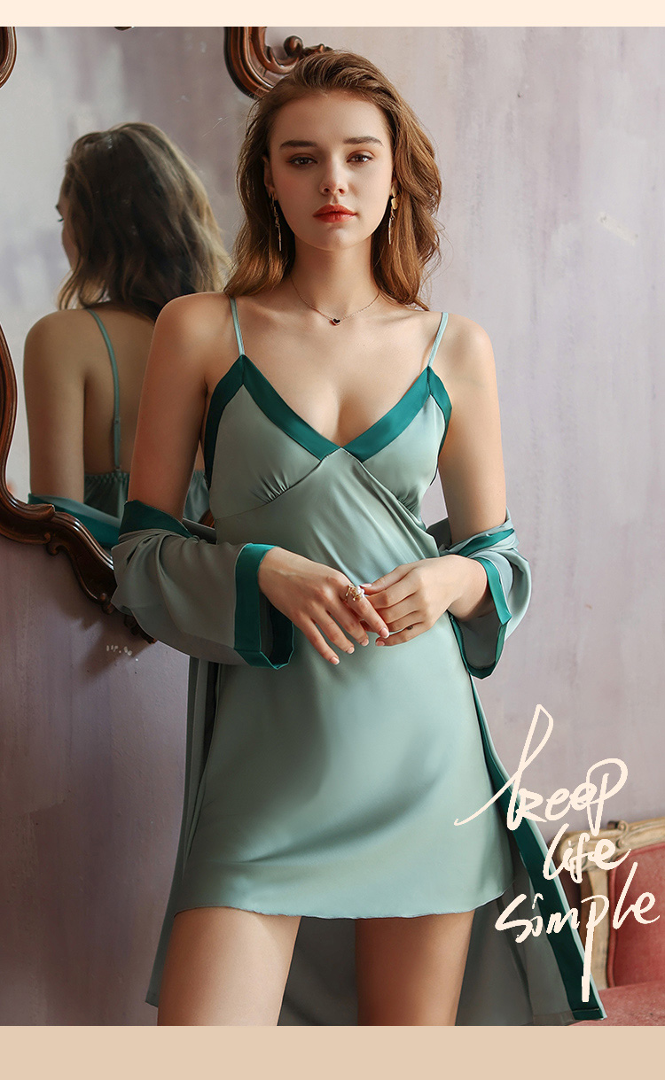 Waliicorners Satin Gown Patchwork Bathrobe Nightwear Lingerie Bridesmaid Sleepwear 2PCS Robe Set 9 H6994bf13ac0d4ceb846427060f4e495fm