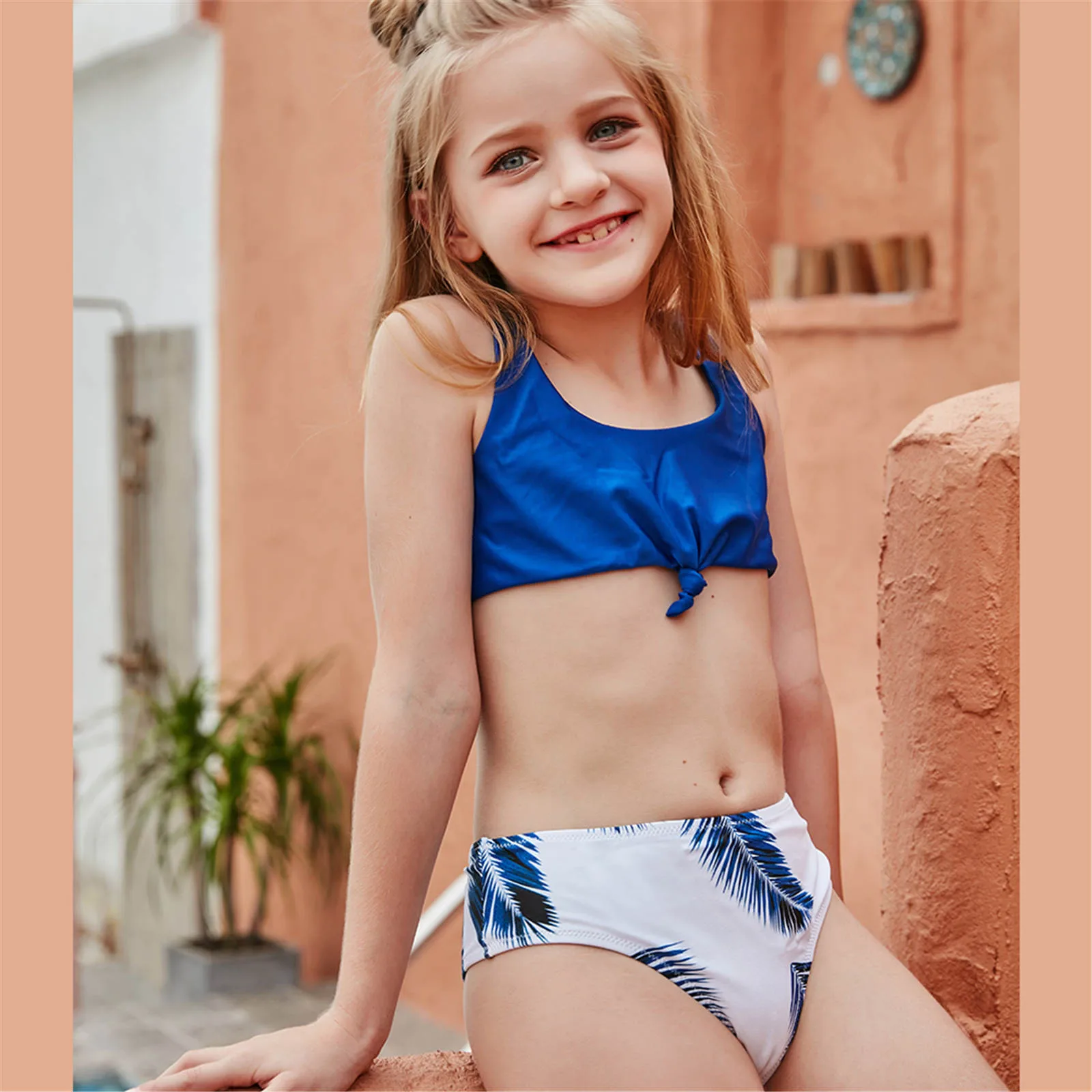 Little Girl's Two Piece Swimsuits Tie Dye Tank Bikini Top Solid