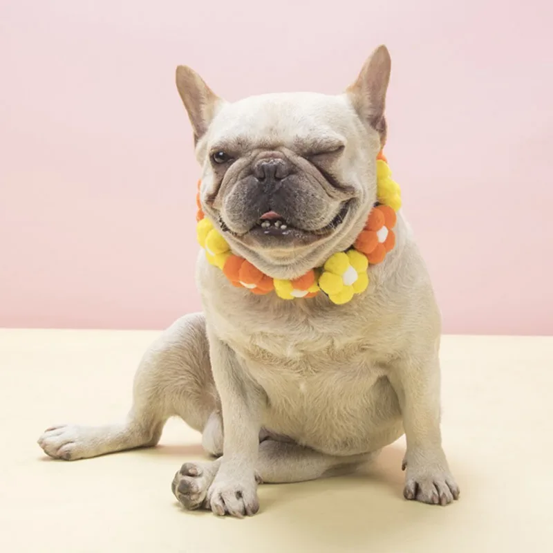 Un perro pequeño, que parece ser un Bulldog Francés, sentado sobre una superficie con un fondo rosa. El perro lleva un collar colorido con lo que parecen cuentas o flores de color naranja y amarillo. Los ojos del perro están cerrados y tiene una expresión relajada y contenta en su rostro.