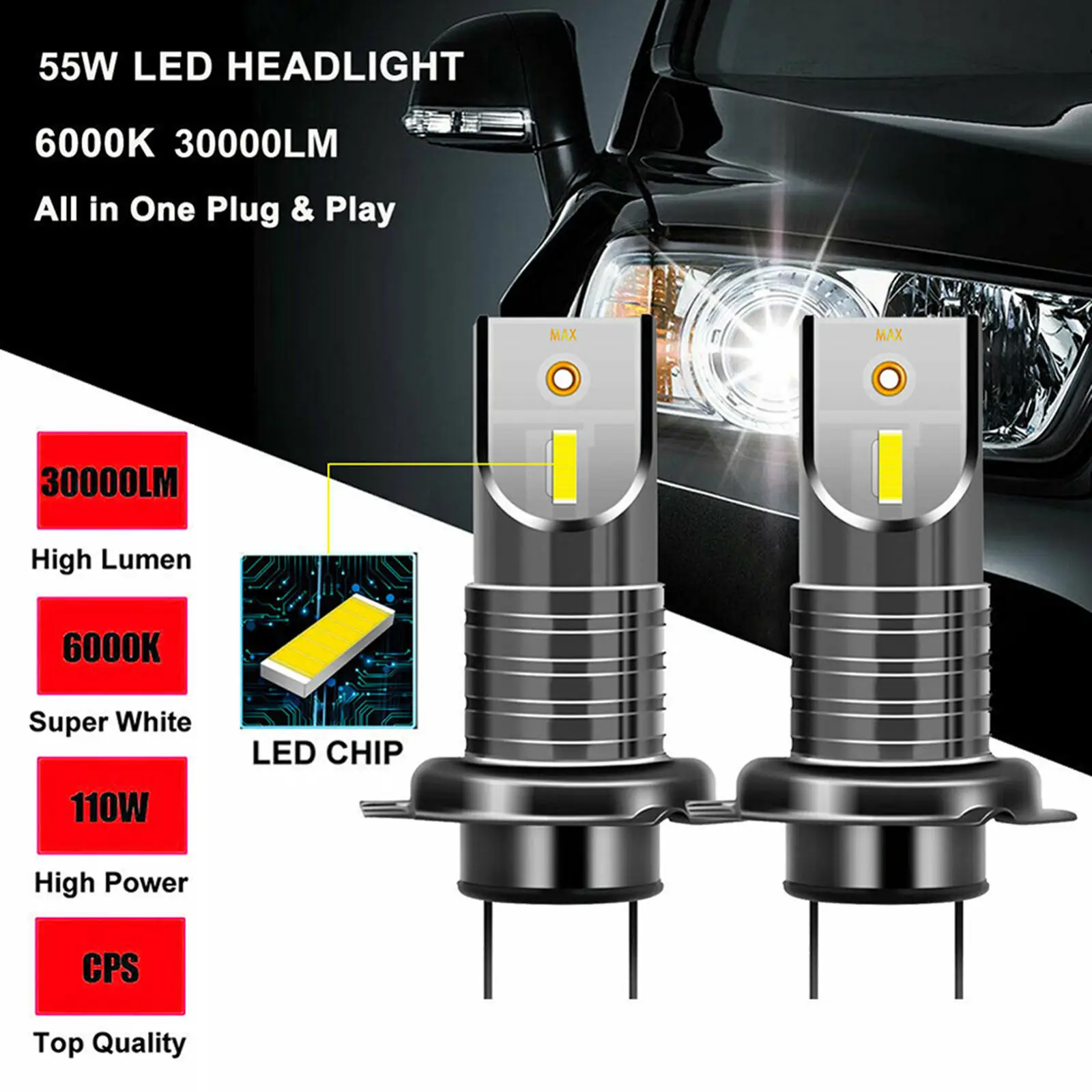 2Pcs H7 110W 5050 CSP LED Headlight Bulbs 26000LM Car Headlamp Adjustable
