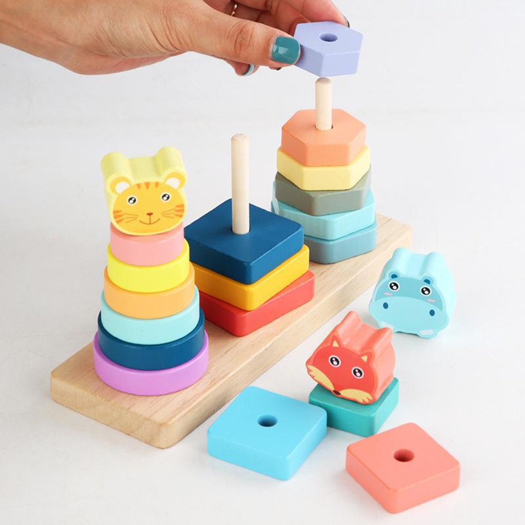 Kids Wood Stacking Geometric Blocks Set   Early Learning Toys Puzzle