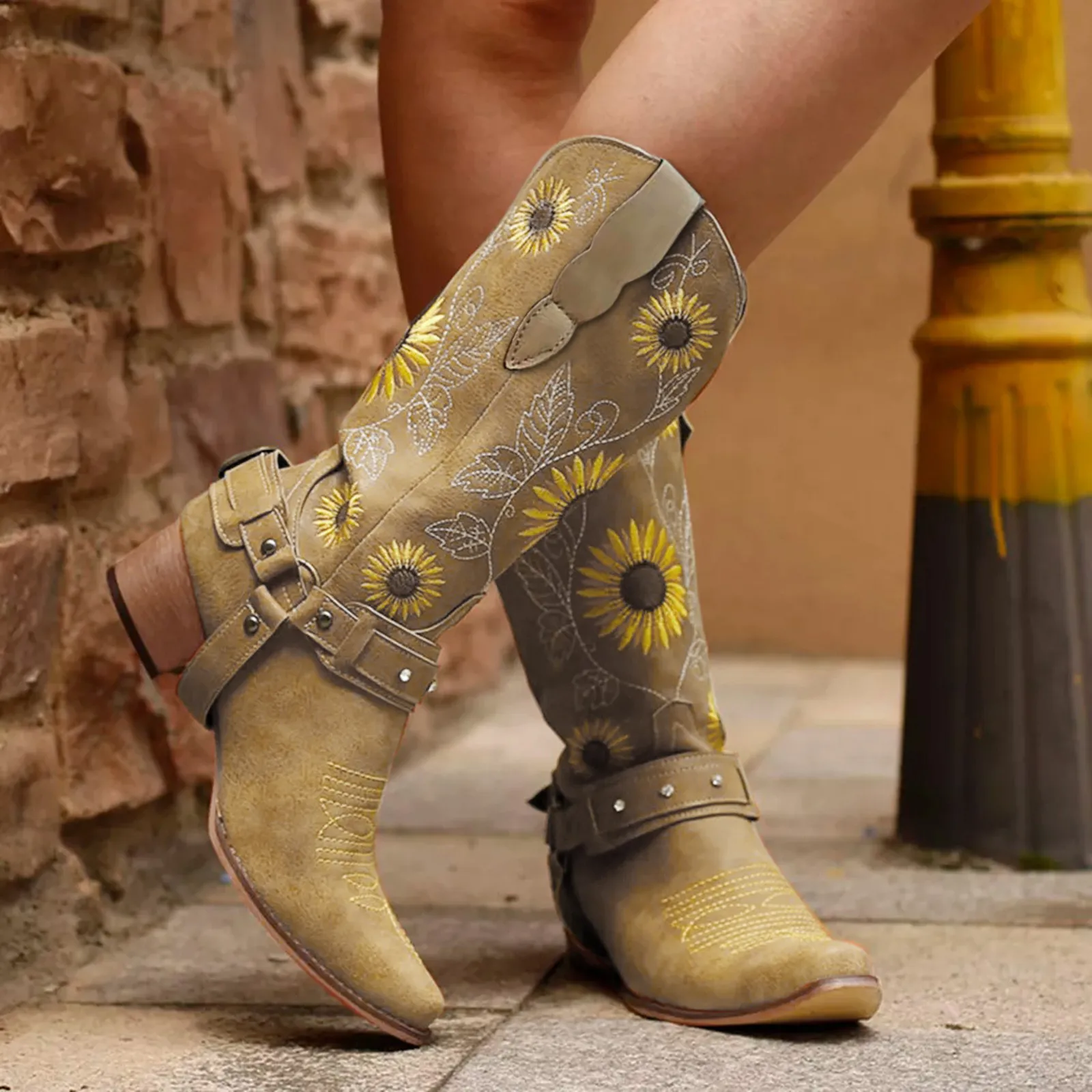 Fashion Women's Snakeskin Western Cowboy Buckle Leather Winter Mid Calf Boots Sz 