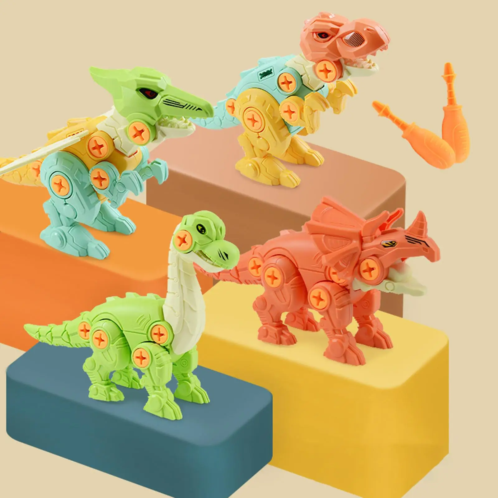 4 Pieces DIY Assembly Dinosaur Toys Set Construction Toy with Screwdriver Educational Toy Christmas Gifts for Kids Children Boys
