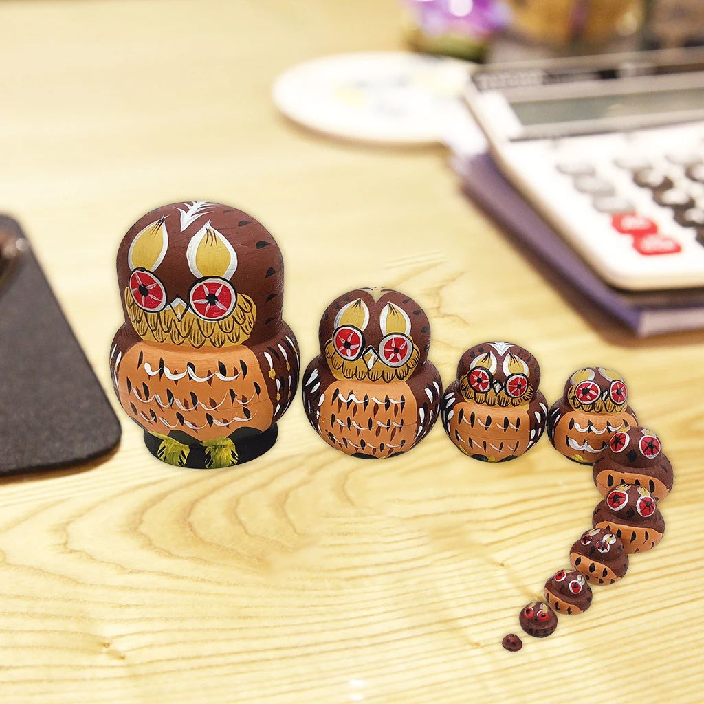 10Pcs Lovely Owl Matryoshka Russian Nesting Dolls Matrioska Babushka Wooden