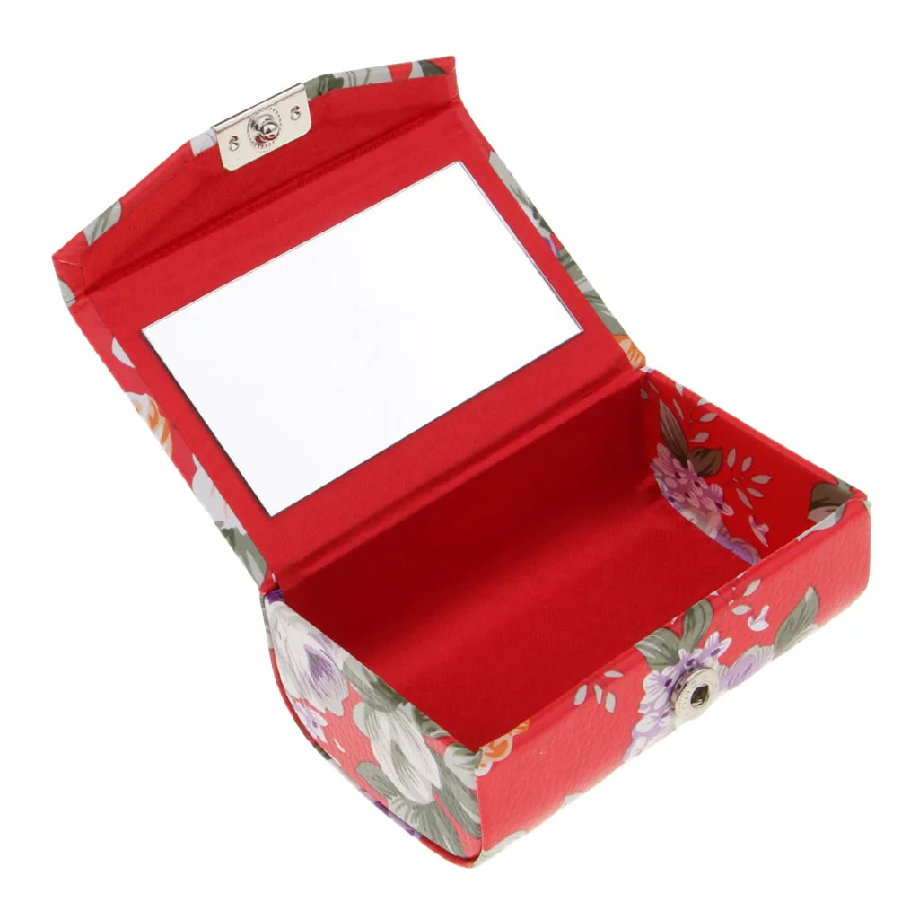 PU Leather Lipstick Case Holder Box Carry Bag With Mirror & Snap-On Closure