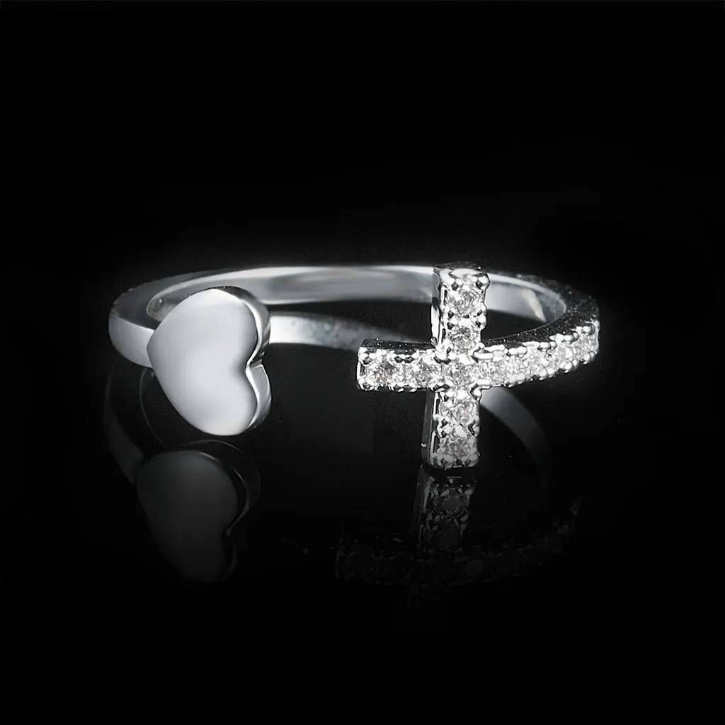 Cross Heart Rings Channel Setting Rhinestone Irregular Adjustable Love Shaped Opening Rings Costume Jewelry for Women Silver