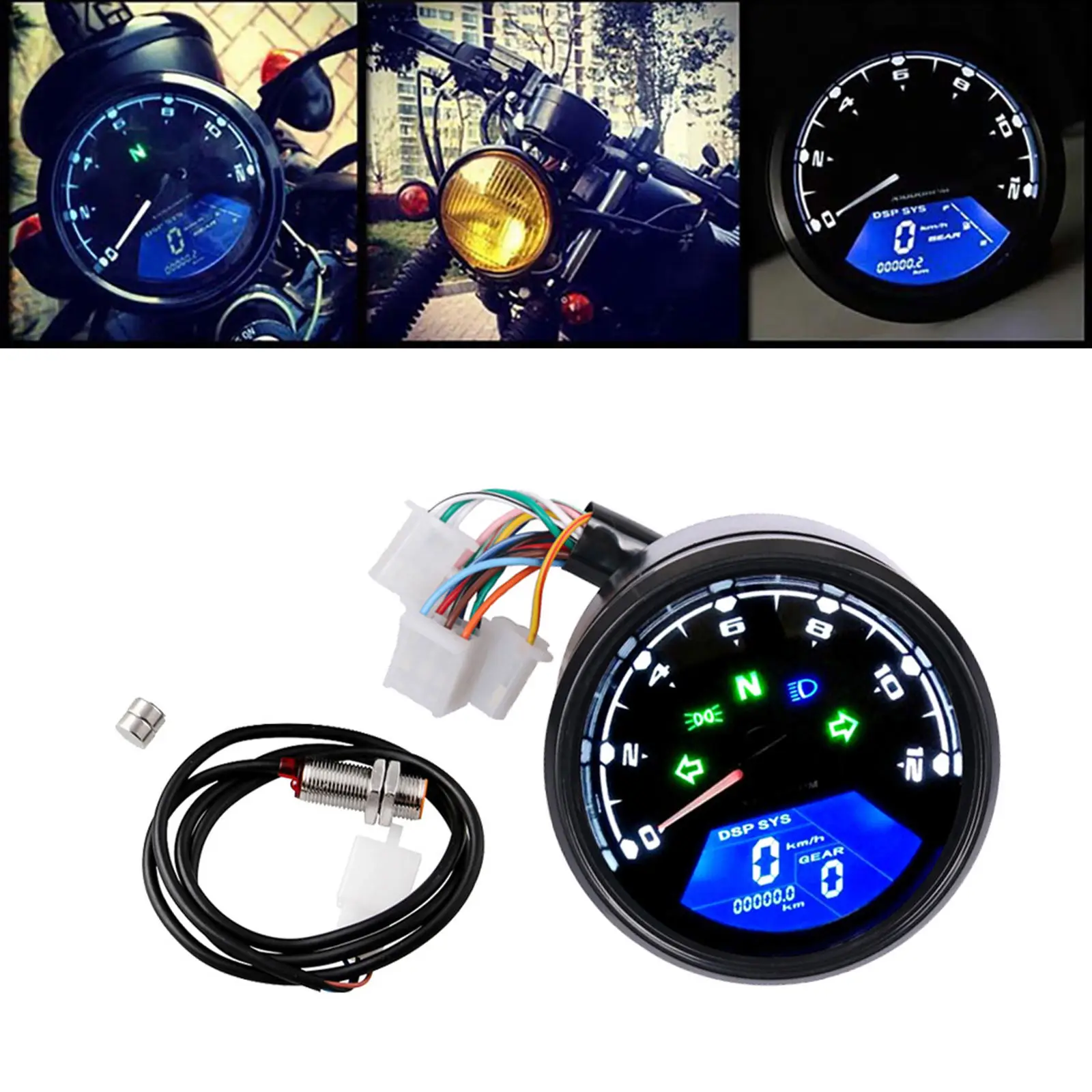 Universal Motorcycle Speedometer Odometer Digital 6-Gear 12000 RPM 199 MPH