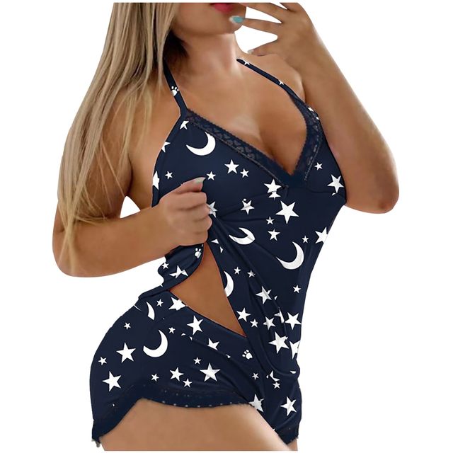 Conjunto de Pijama Sexy de 2 piezas para mujer, pantalones cortos con  cuello en V profundo, traje de encaje, ropa de dormir Sexy