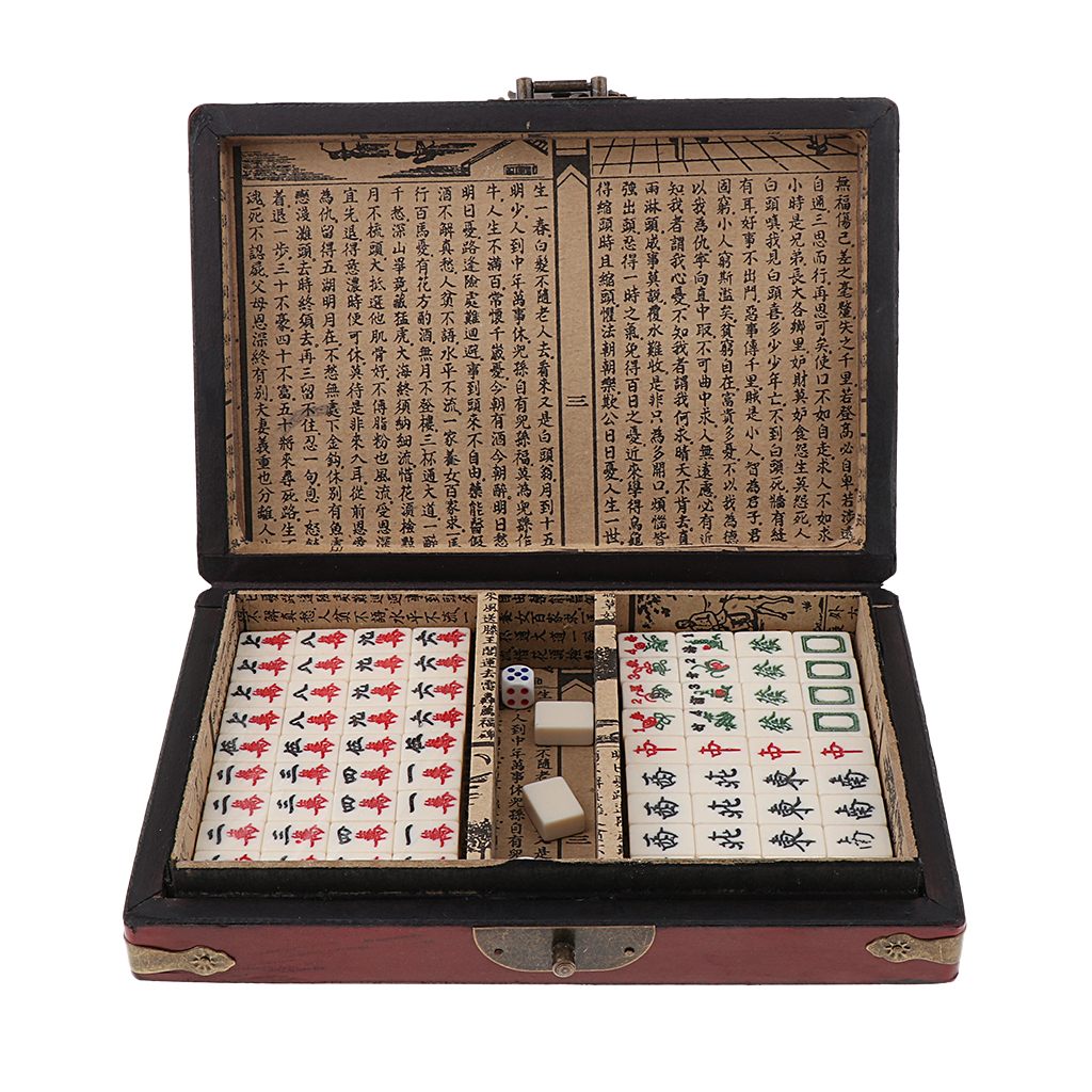 Chinese Mahjong Toy Set, Classic Board Game 144 Tiles Set with a Wooden Box and Manual
