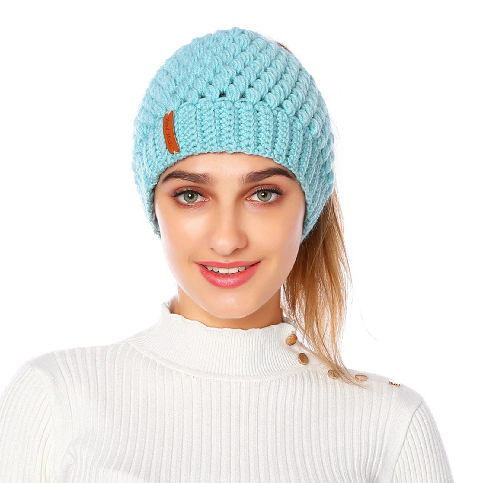 Winter Knitting Hats Warm Women Ladies Girl Stretch Knit Messy Bun Ponytail Beanie Holey Hats Caps for Outdoor Sports