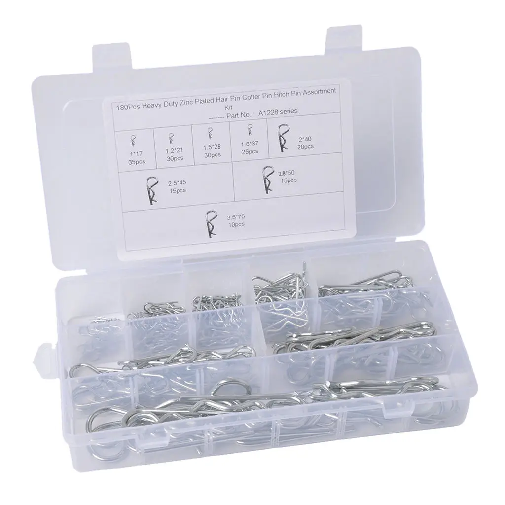 R Cotter Pin Tractor Pin Clip Assortment Fastener Set 8 Different Sizes with Plastic Box Set of 180pcs