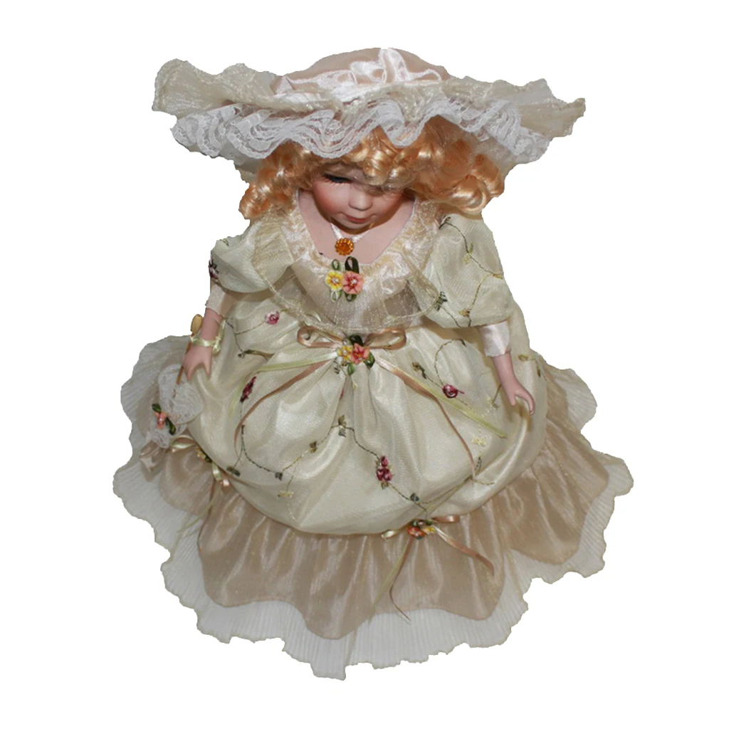 40cm Victorian Porcelain Doll with Beige Long Dress Hat Home Display Decor
