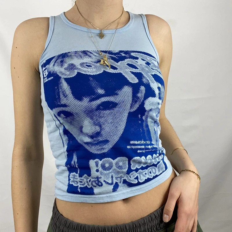 Women Portrait Print Crop Tank Top Y2k Graphic E-Girls 90s Short Sleeve Rock Style Tie Dye Streetwear T-Shirts for Teen Girls 