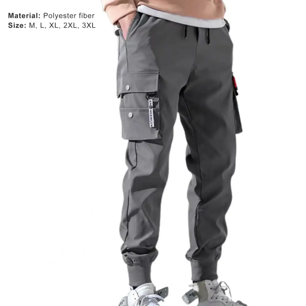 Men's Clothing Solid Color Drawstring Waist Trousers Cropped Multi-pocket Overalls Thin Male Men Beam Feet Cargo Pants for Daily grey track pants