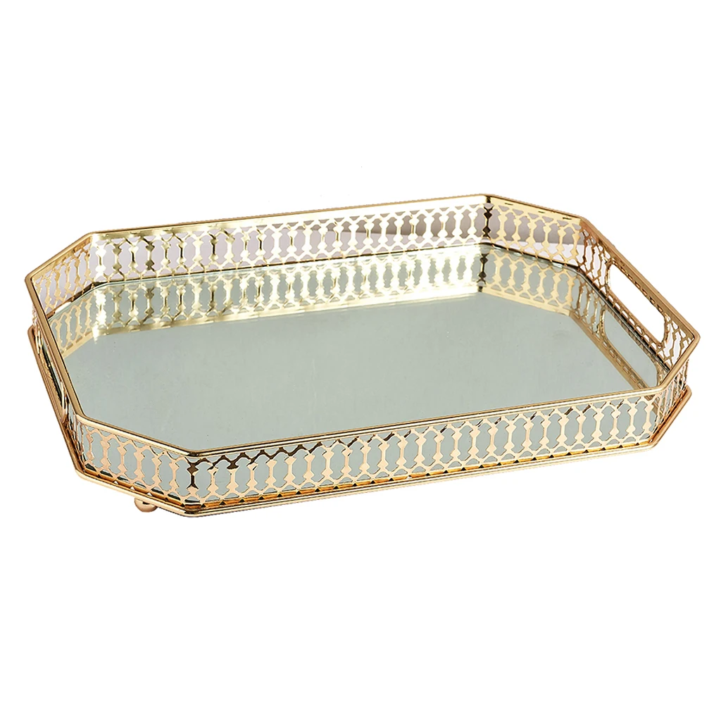 Metal Mirroy Tray Jewelry Display Plate Geometric Tray Mirror Gold Jewelry Storage Ring Dish Decoration Shelf