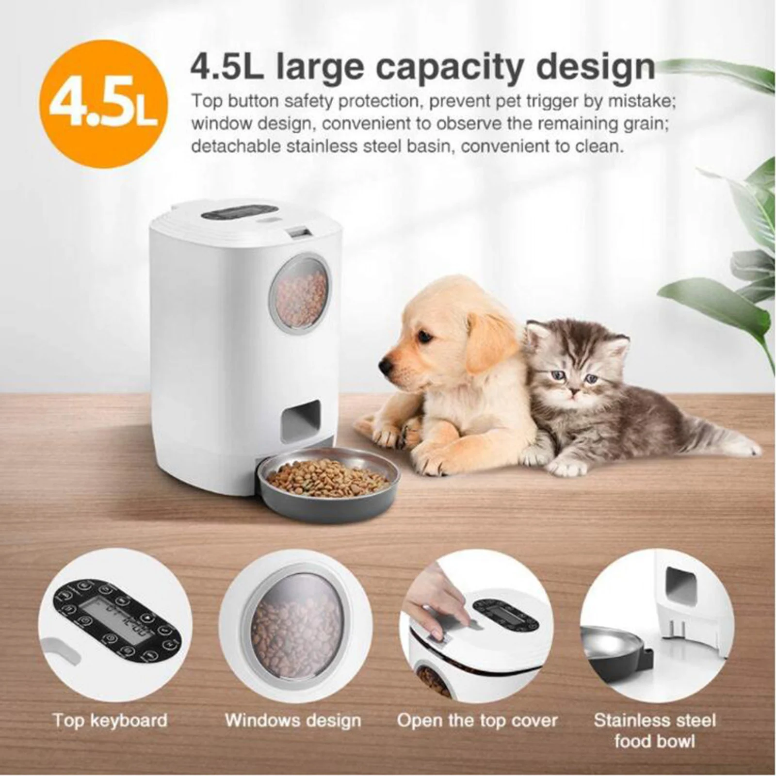Button Version 4.5L Automatic Pet Feeder USB Battery Timing Smart Cat Dog Dry Food Dispenser Bowls