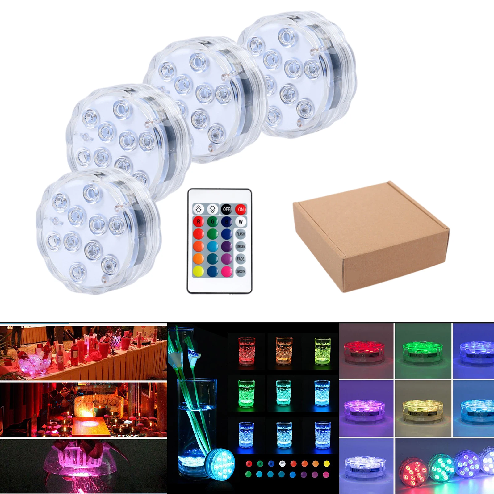 10-LEDs RGB Submersible LED Lights Pools Pond 7color Lights with Suction Cup