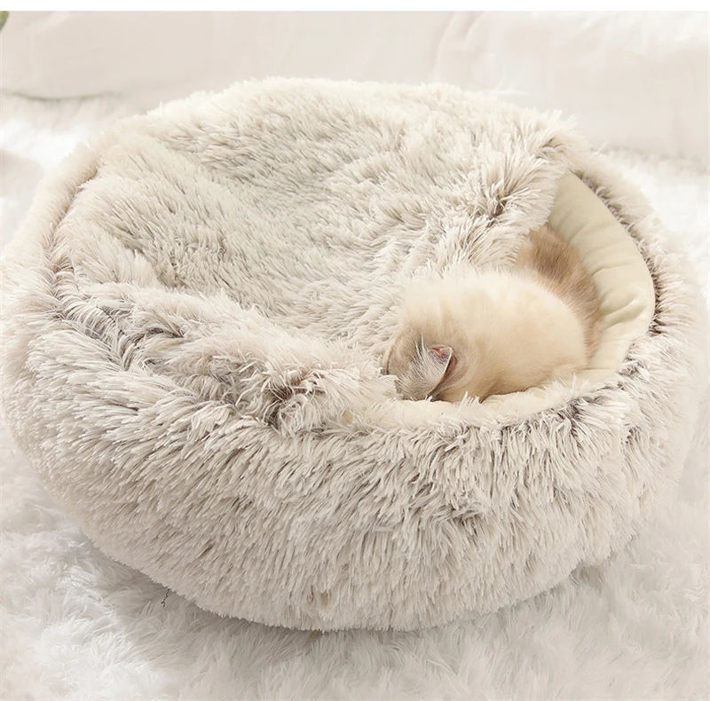 cama redonda de pelúcia para animais de ninho para dormir confortável no cama canil macio