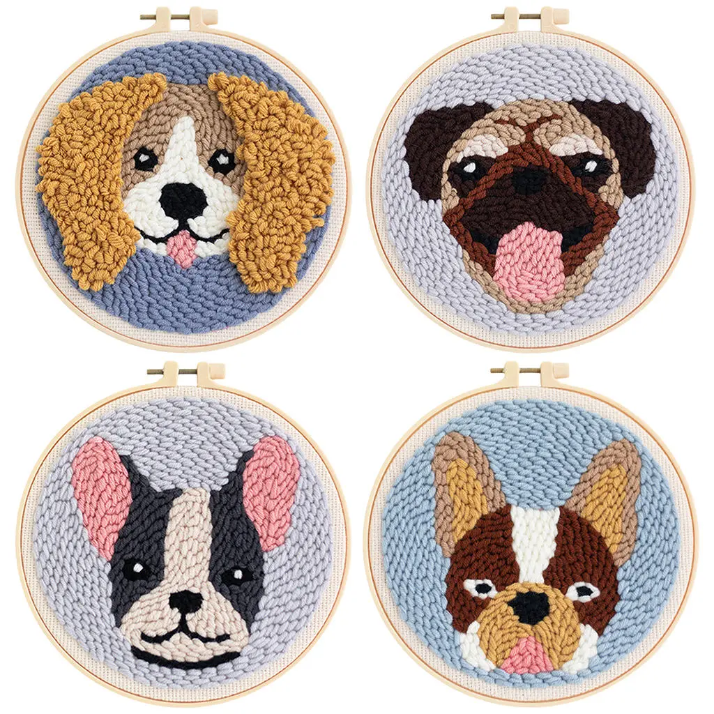 Punch Needle Embroidery Dog Pattern Kit Threader Fabric Embroidery Hoop Yarn Rug Punch Needle Kits for Adults Kids Beginner