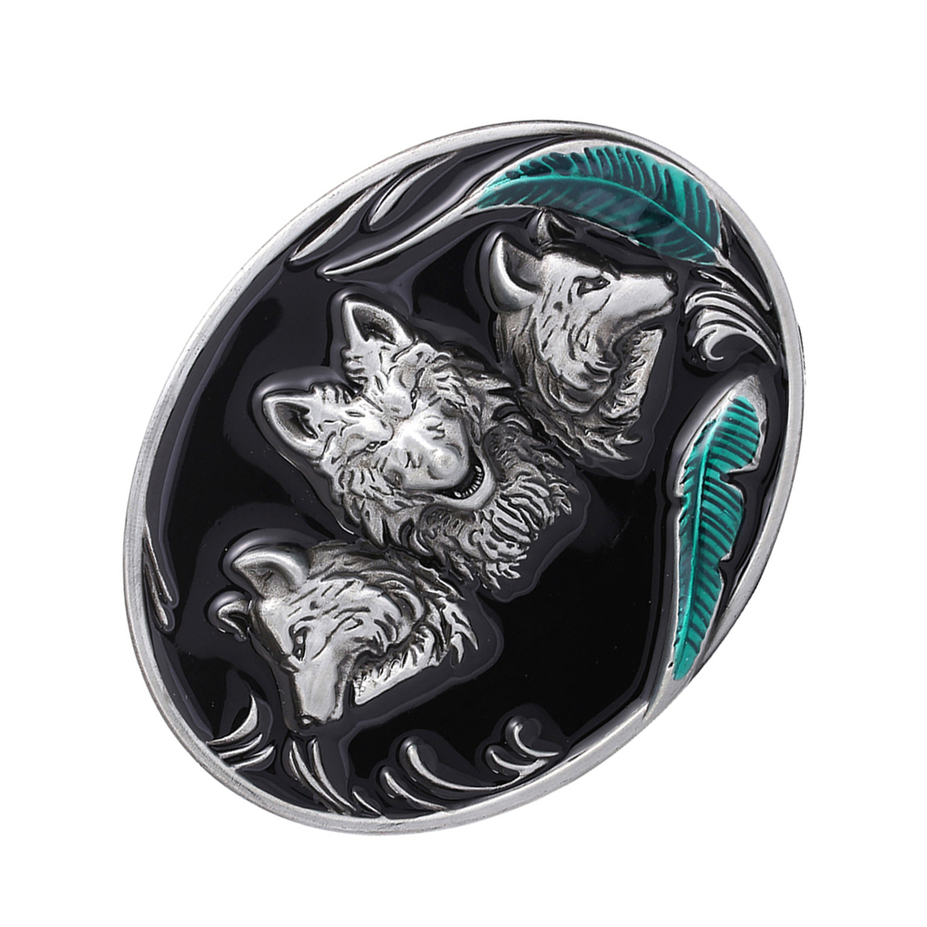 Men's Western Cowboy Belt Buckle in Antique Silver 3D Wolf Texas