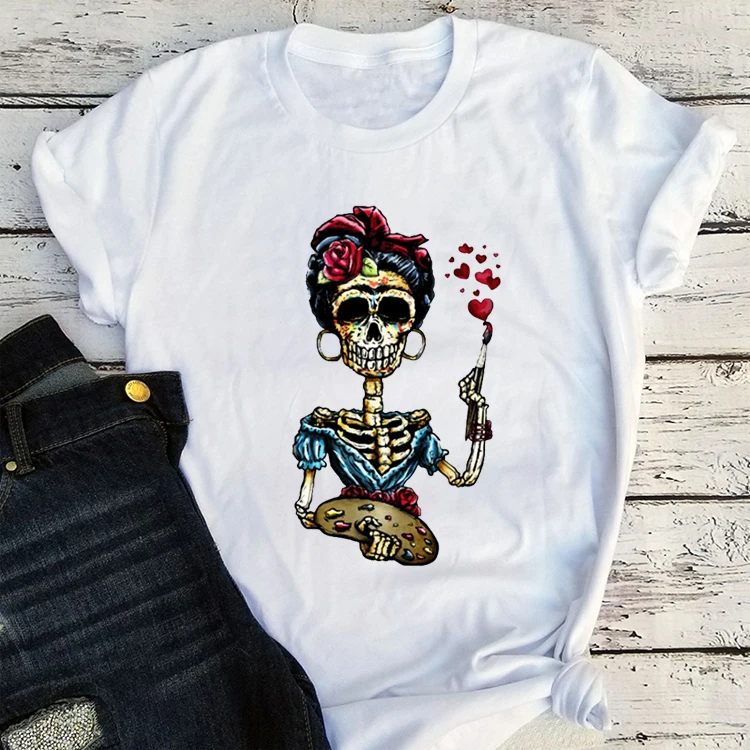 Skeleton Woman Tshirts Skull Day of The Dead Graphic T Shirts Mexican Heritage Flowers Black Tops Casual Kawaii Clothes red t shirt