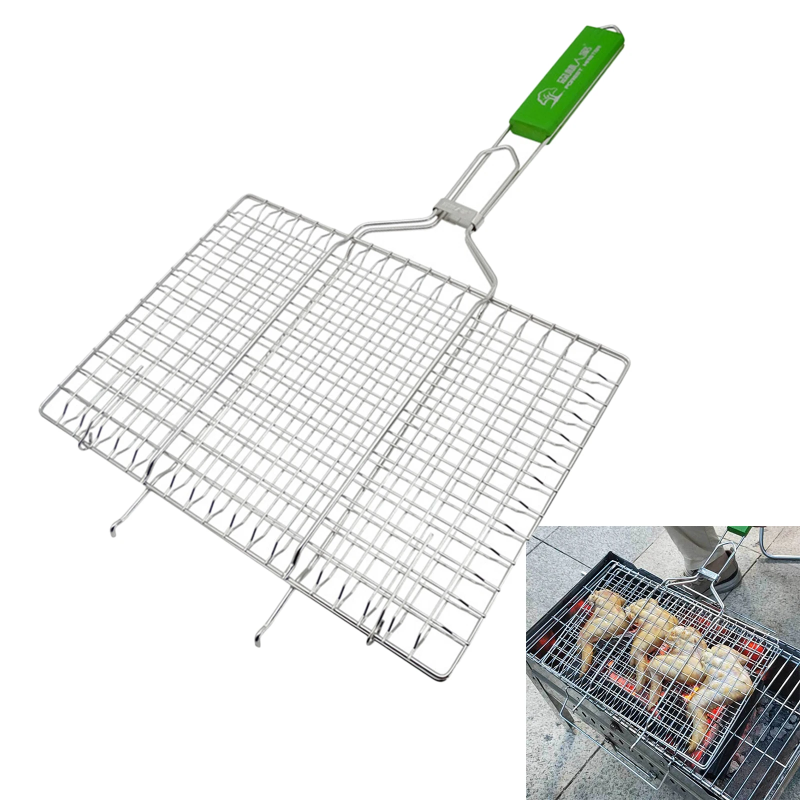 Stainless Steel Fish Grilling Basket Non-stick BBQ Net Wooden Handle Meat Fish Chicken Clip Holder Outdoor Camping Picnic Tool